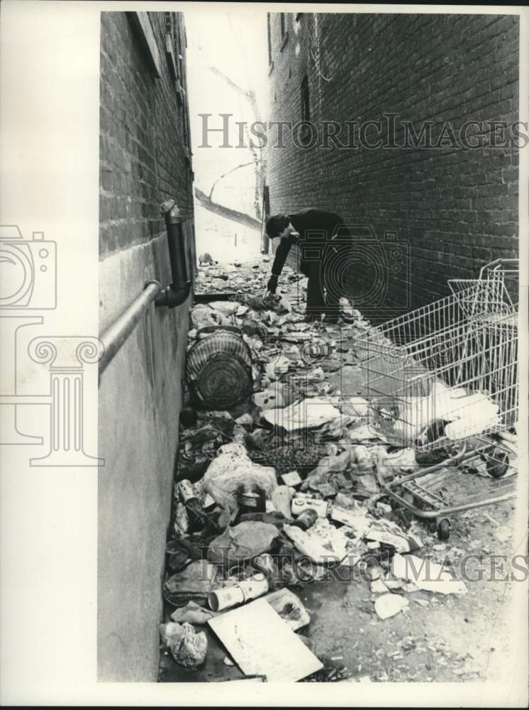 1978 Press Photo Lou Lezzi searches for rats in Schenectady, New York garbage - Historic Images