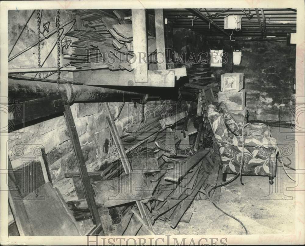 1973 Woodpile in basement of Schenectady, New York home - Historic Images