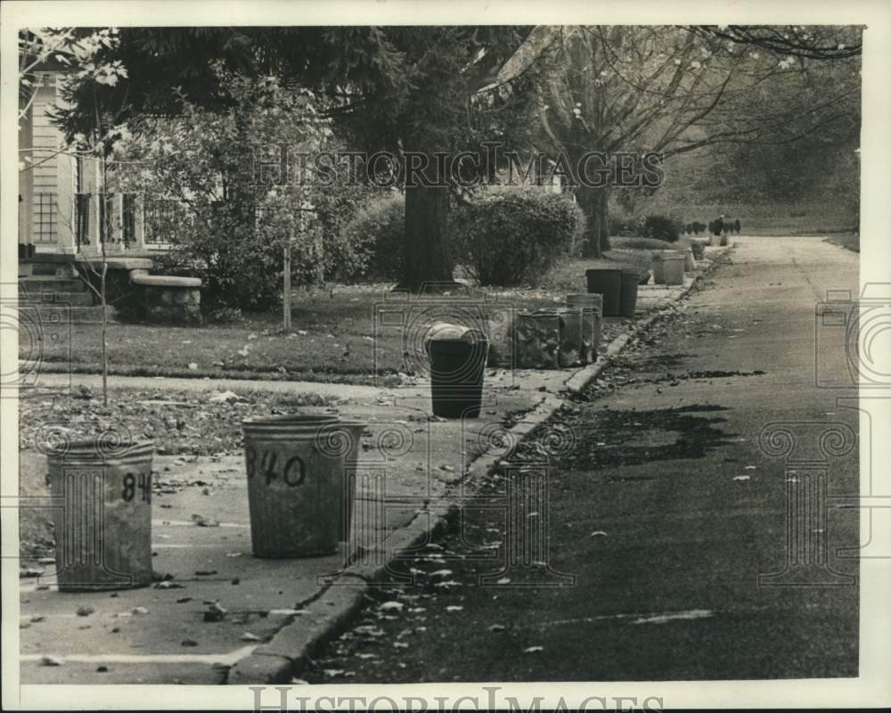 1979 Press Photo Garbage cans line Decamp Avenue, Schenectady, New York - Historic Images