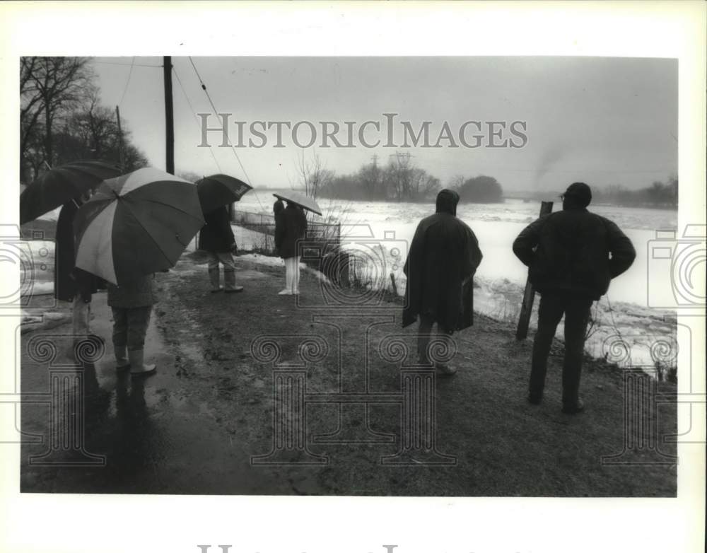 1993 Press Photo People watch the Mohawk River during rain in Schenectady, NY - Historic Images