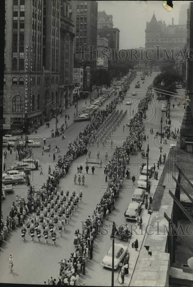 1958 Aerial view of Hudson Valley Volunteer Fire Dept in parade - Historic Images