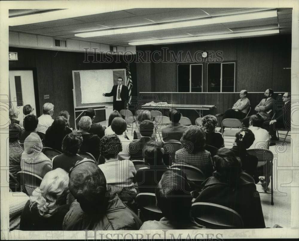 1973 John Tompkins, asst public health engineer speaks in Schodack - Historic Images