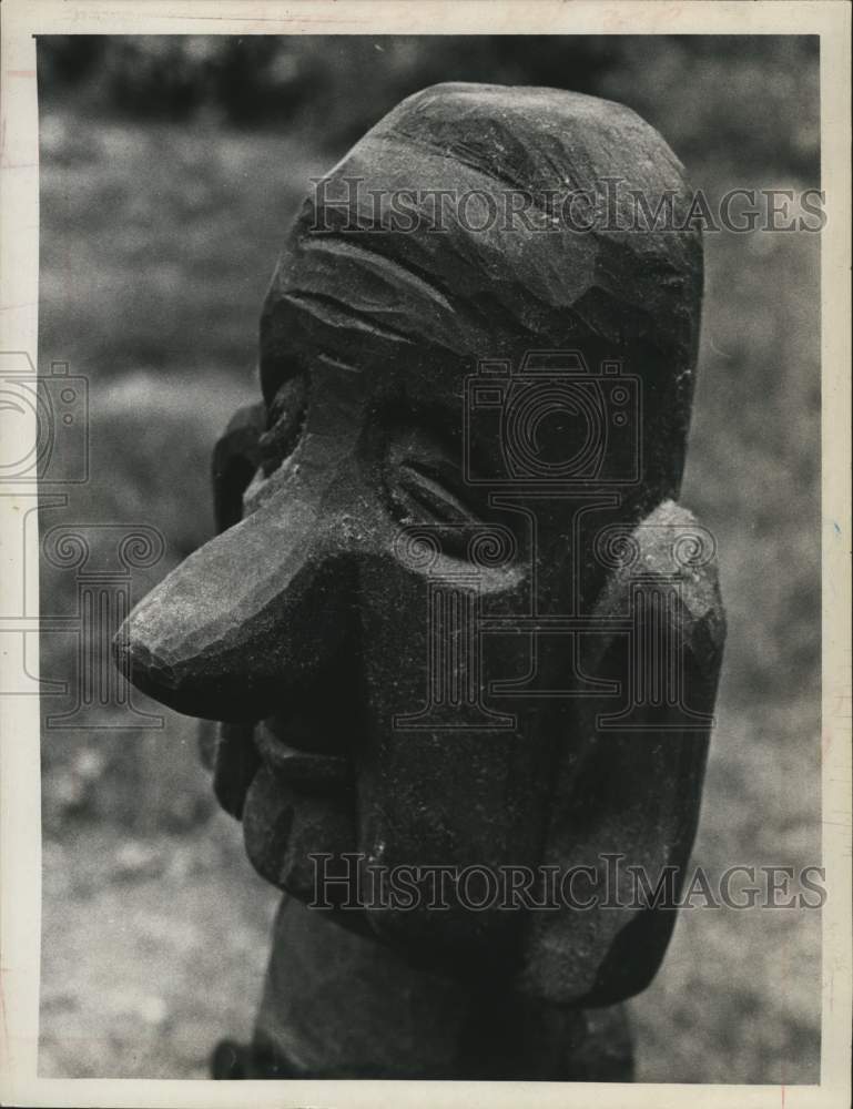 1969 Press Photo  Close-up of Indian Sculpture face, "Lyndon B Johnson" "LBJ" - Historic Images