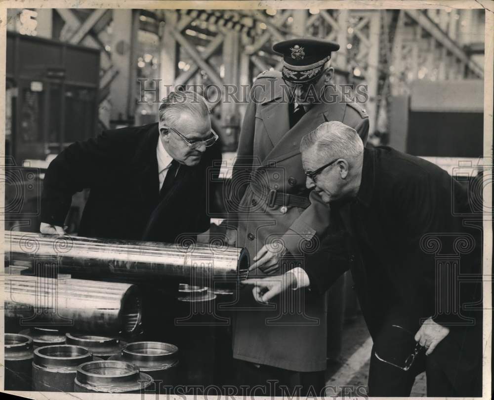 1965 Congressman Leo W O'Brien (L) inspects tank gun with Colonel - Historic Images