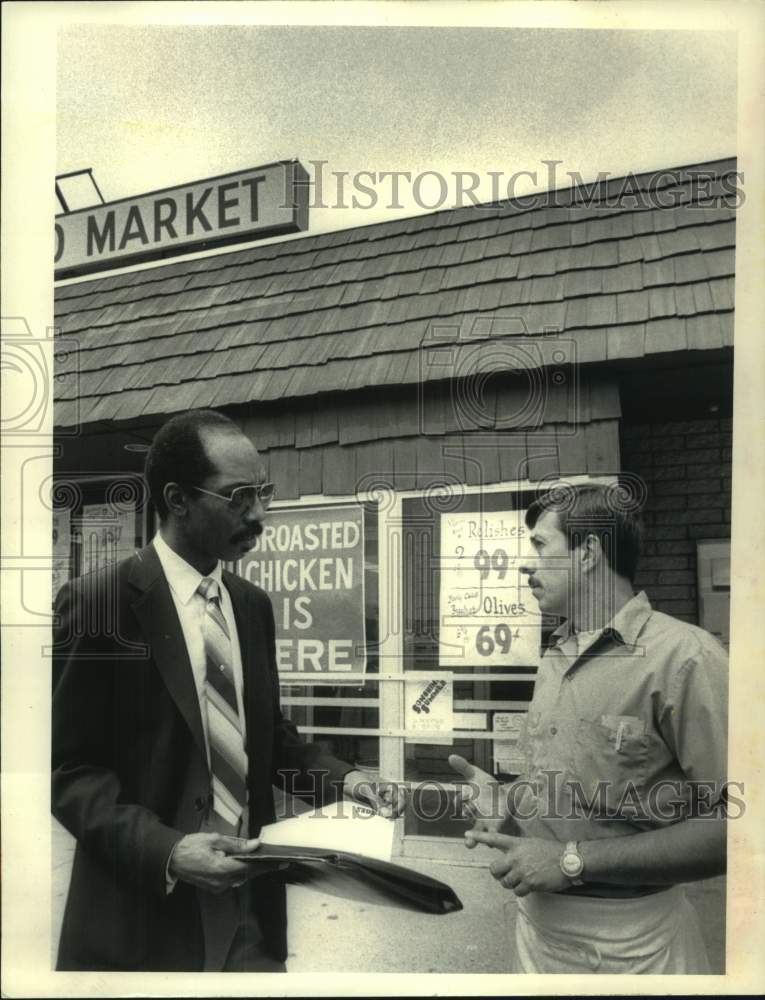 1983 Martin Patterson &amp; Bob Sleasman outside Albany, NY food market - Historic Images