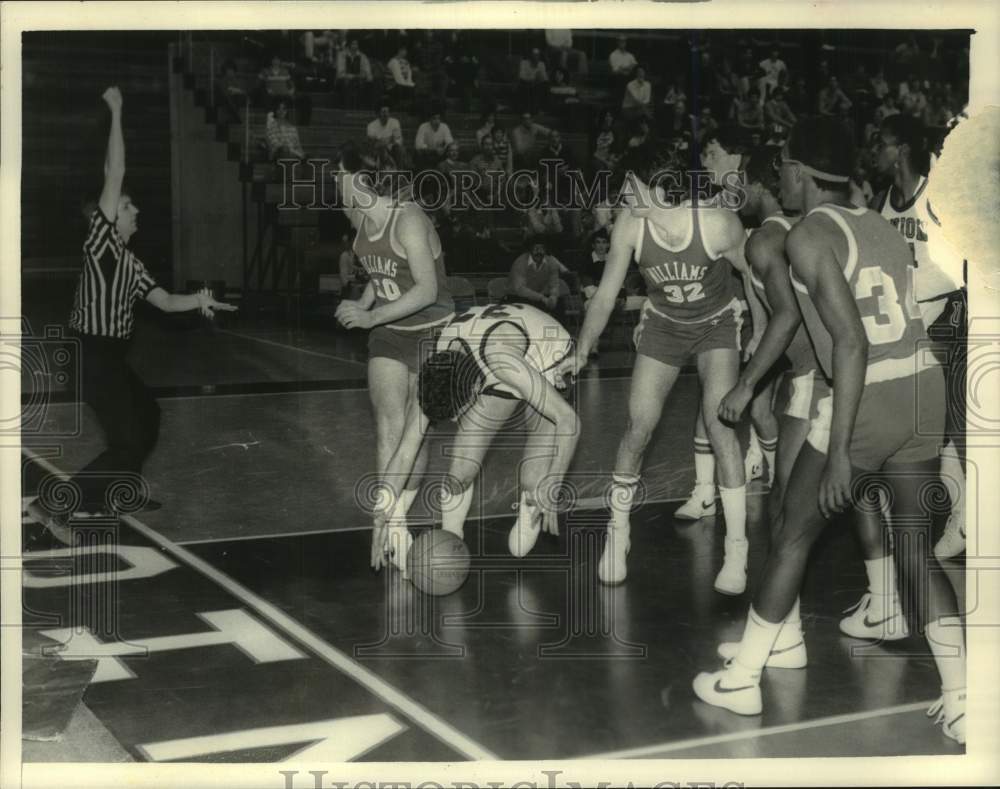 1983 Union College basketball player dives for ball against Williams - Historic Images