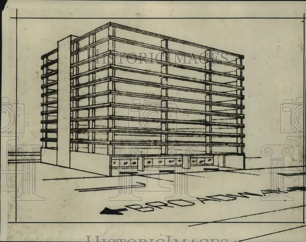 1957 Architect&#39;s drawing for proposed Albany, NY parking garage - Historic Images