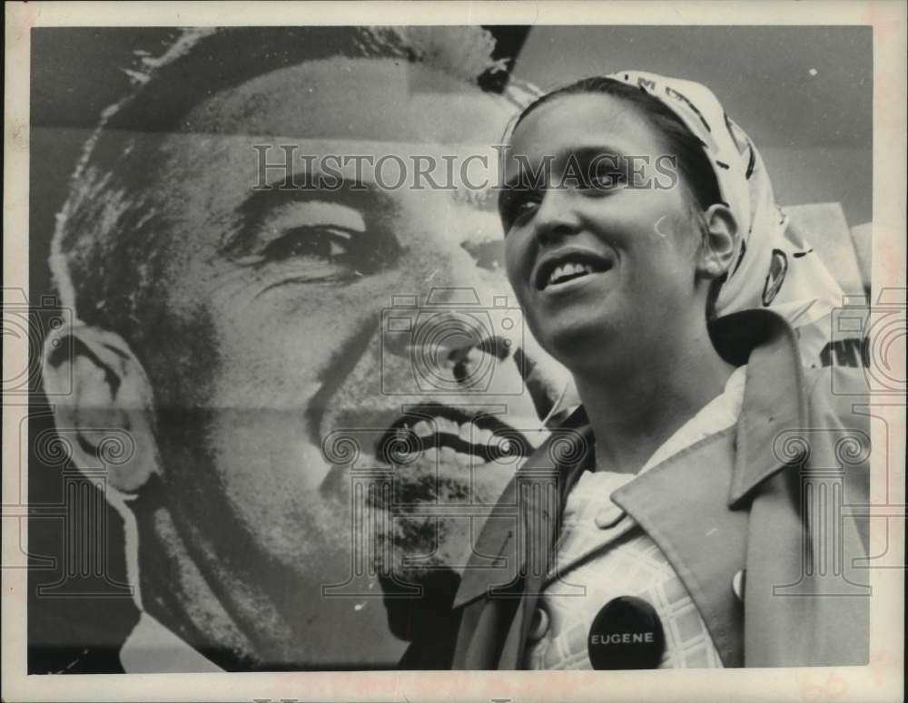 1968 Pat McCarthy with poster of Senator Eugene McCarthy in New York - Historic Images