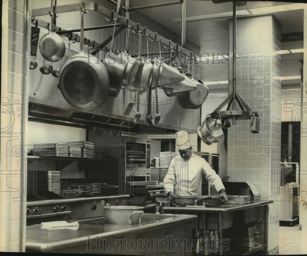 1965 Dennis White in State University of New York, Albany kitchen-Historic Images