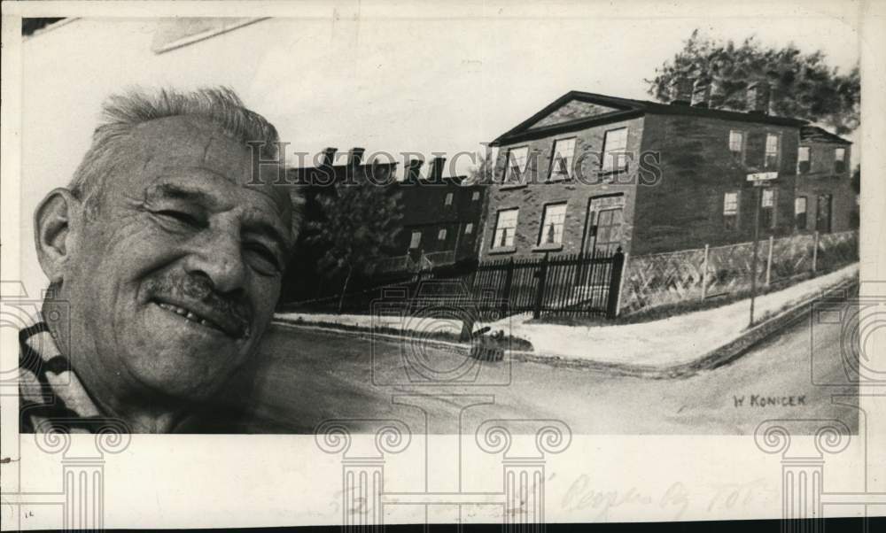 Press Photo Artist Bill Konicek with painting of Watervliet, New York scene - Historic Images