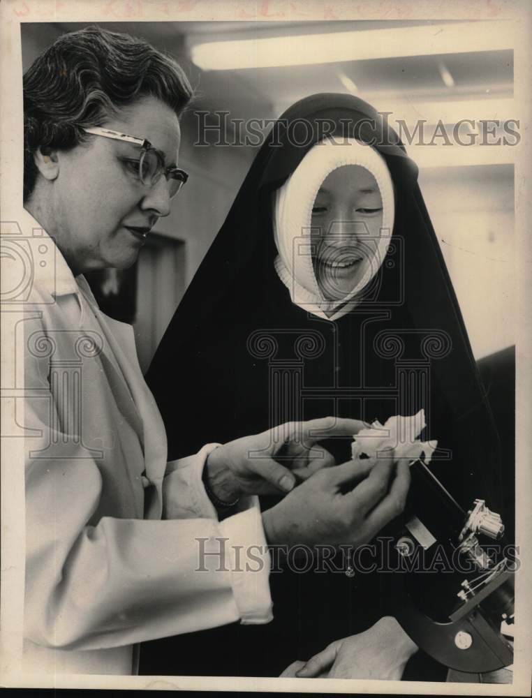 Press Photo Mother Agnes Kim examines a flower in New York - tua57909 - Historic Images