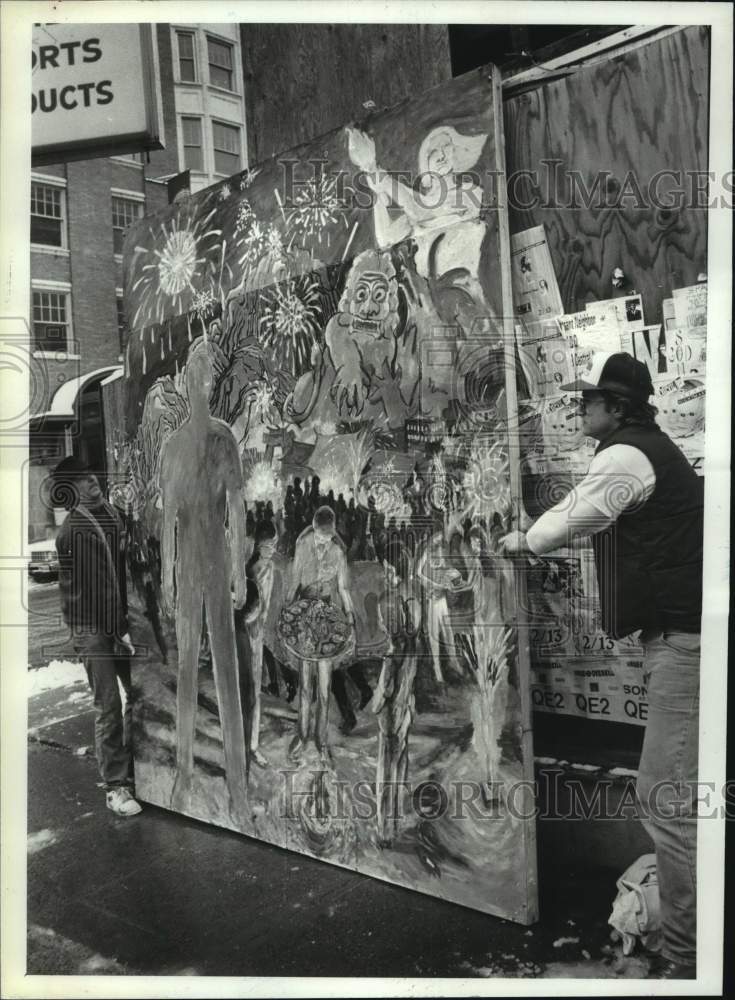 1991 Press Photo John Teply &amp; Chris Kimberly with mural in Albany, New York - Historic Images