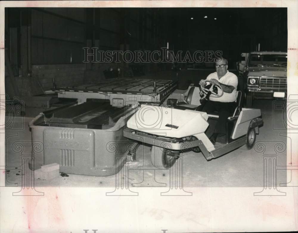 1980 Patrick Bruno on golf cart at Bruno Machinery, Troy, New York - Historic Images