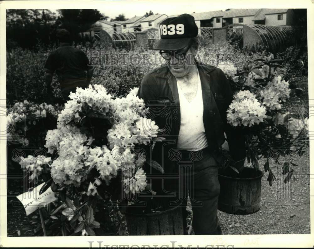 Press Photo Seth Aldrich with potted shrubs at Clifton Park, New York nursery - Historic Images