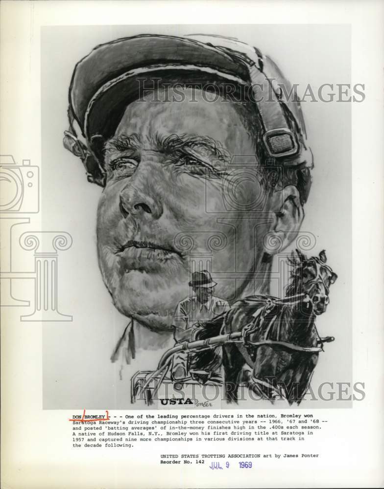 1969 Press Photo Sketch of harness racer Don Bromley by James Ponter, New York - Historic Images