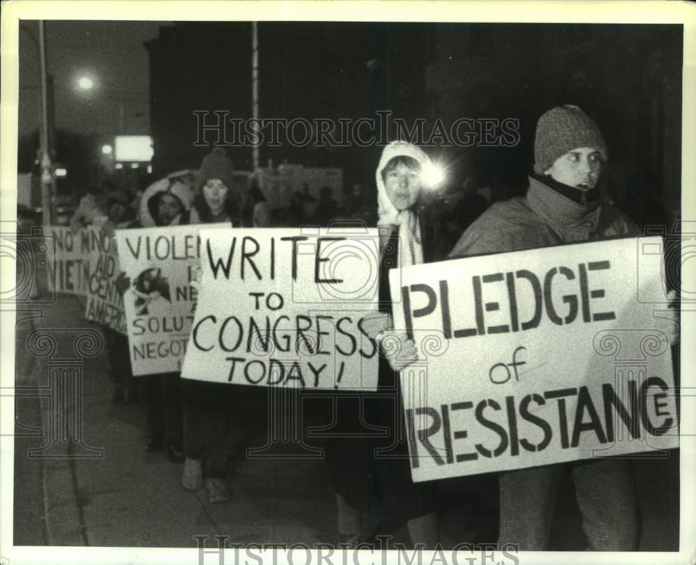 1989 Pledge of Resistance protestors picket in Albany, New York - Historic Images
