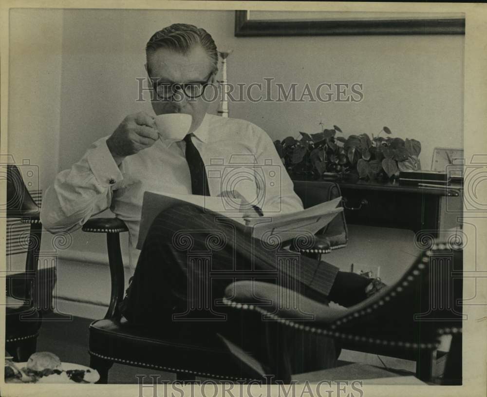 1968 New York Governor Nelson Rockefeller drinking coffee &amp; reading-Historic Images
