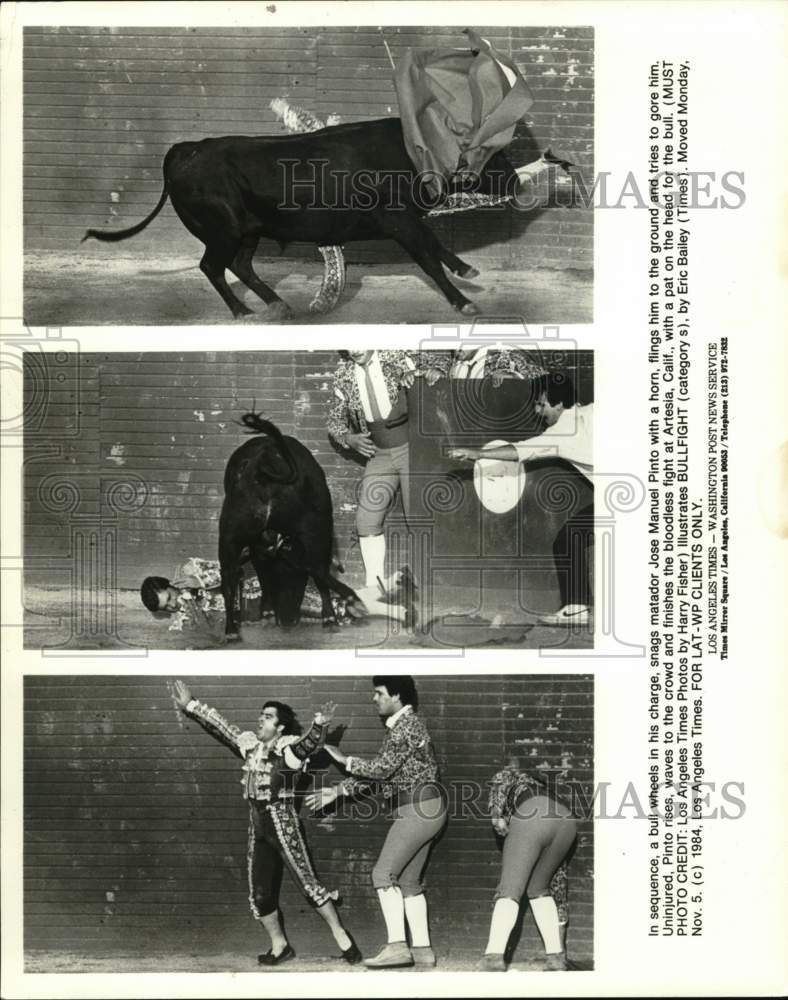 1984 Press Photo Scenes from Jose Manuel Pinto bull fight in Artesia, California - Historic Images