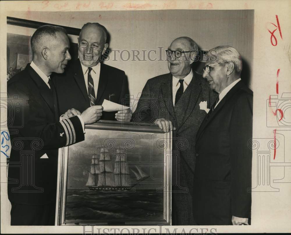 1967 Press Photo Group poses with painting of sailing ship in New York - Historic Images