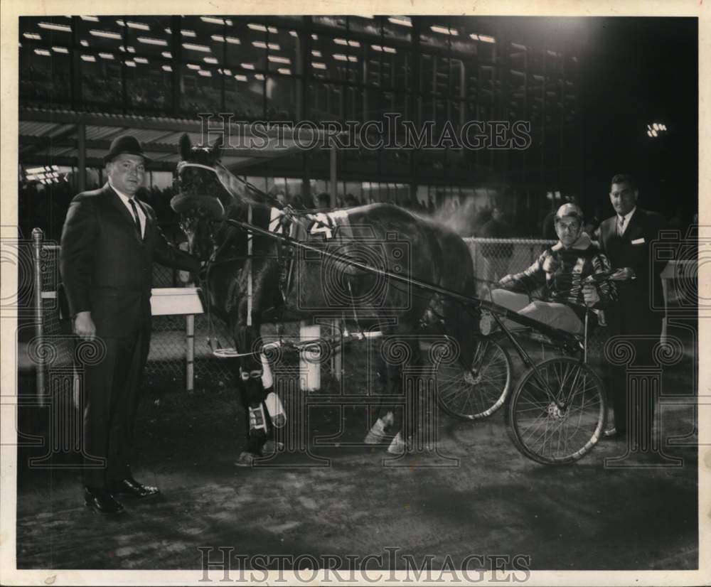 Press Photo Group poses with harness racehorse Heineken on track in New York - Historic Images