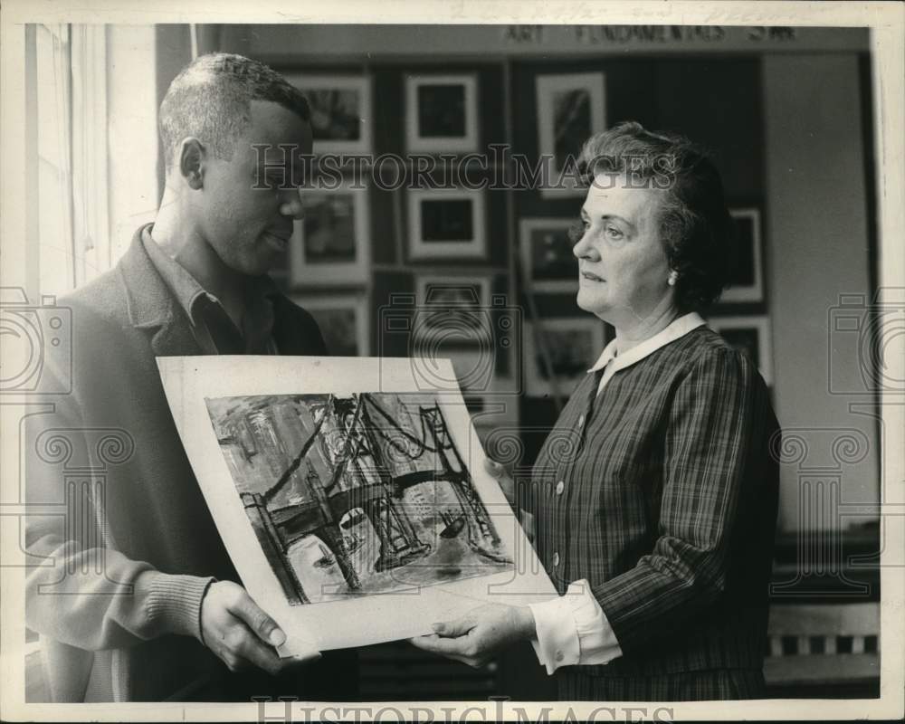 1965 Teacher admires student&#39;s artwork at high school in New York-Historic Images