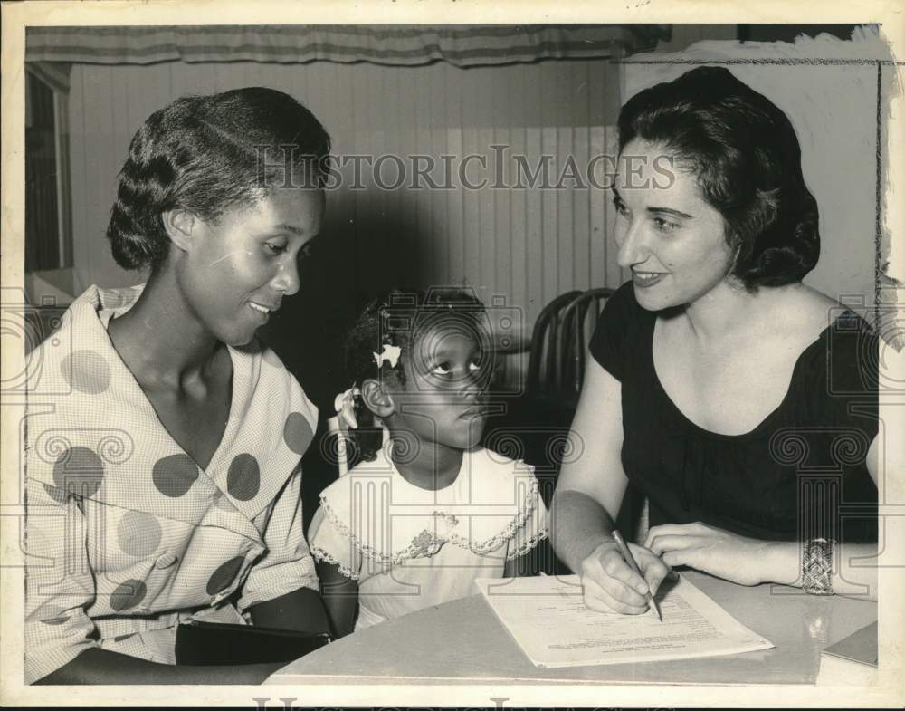 1961 Educator talks with mother &amp; daughter at Albany New York school-Historic Images