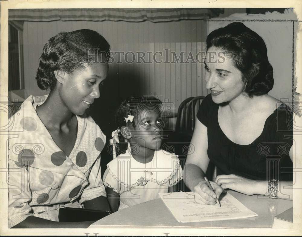 1961 Educator talks with mother & daughter at Albany New York school-Historic Images