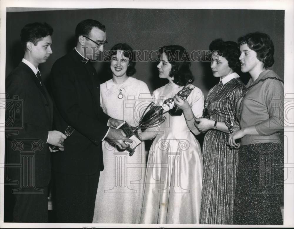 1969 Reverend J. Joseph Delaney presents trophy to girls in New York-Historic Images