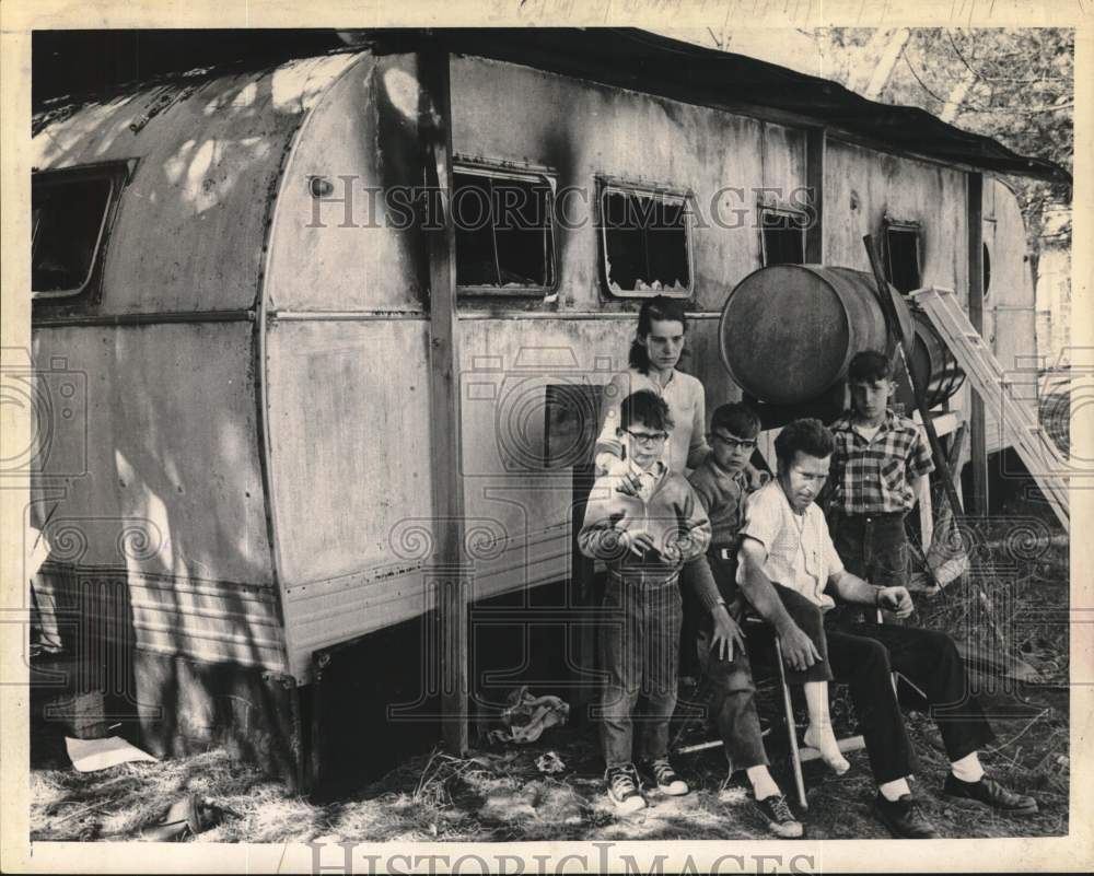 1968 Family outside Guilderland, New York trailer home after fire-Historic Images