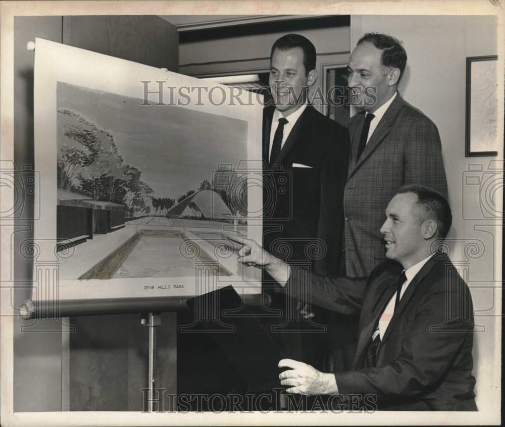1965 Daniel Geneles &amp; colleagues with architect&#39;s sketch in New York-Historic Images