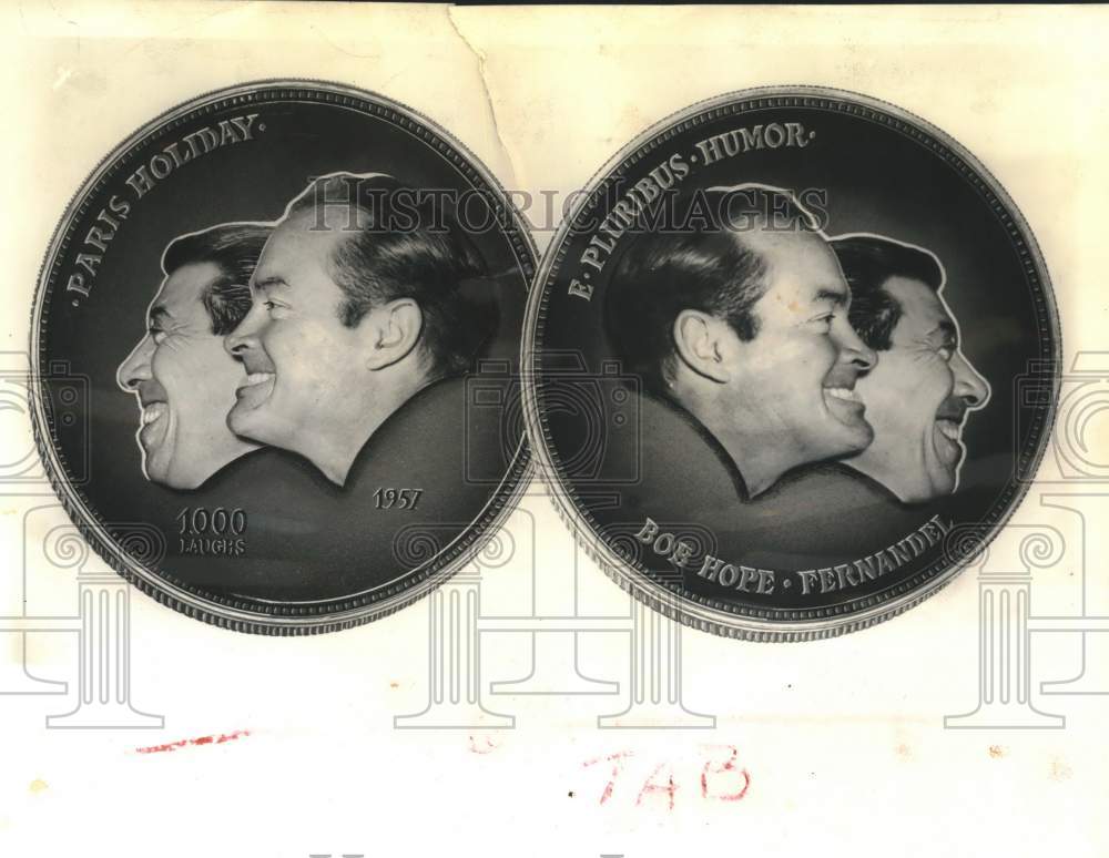1957 Bob Home and Fernandel on bronze coin minted in France-Historic Images