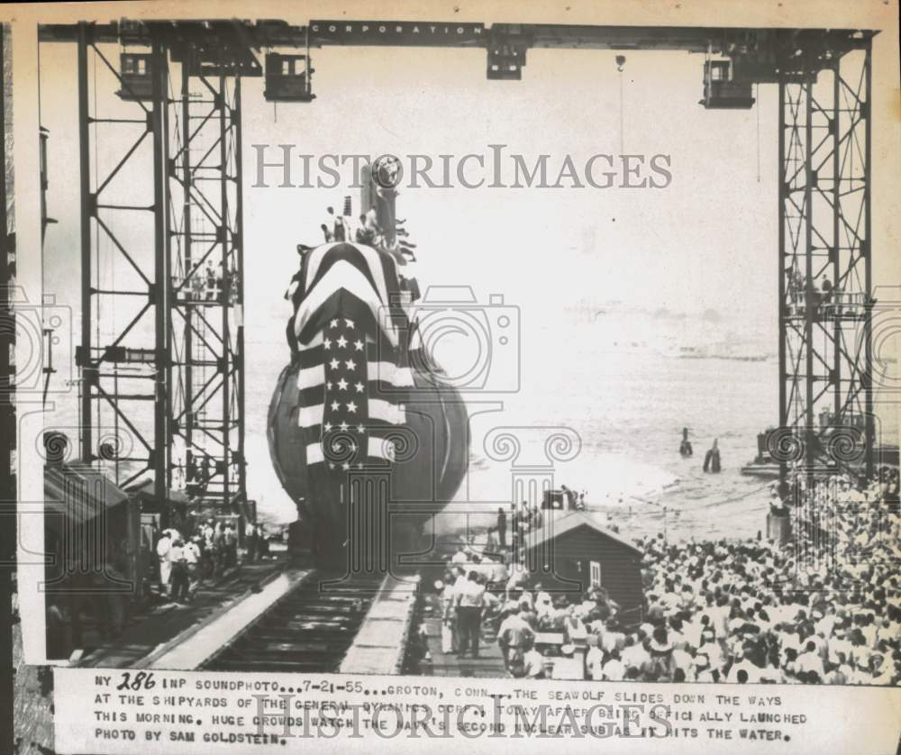 1955 Press Photo Navy Seawolf Submarine Launched at Groton, Connecticut - Historic Images