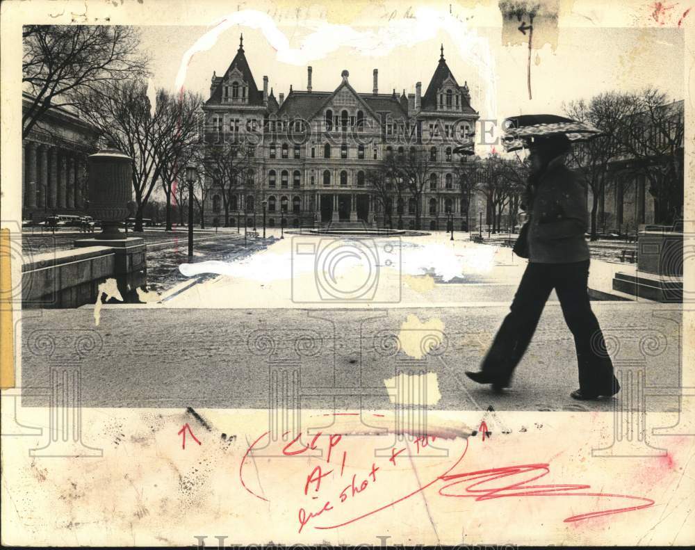 1976 Press Photo Connie Brooks walks past Capitol Building on Swan Street. - Historic Images