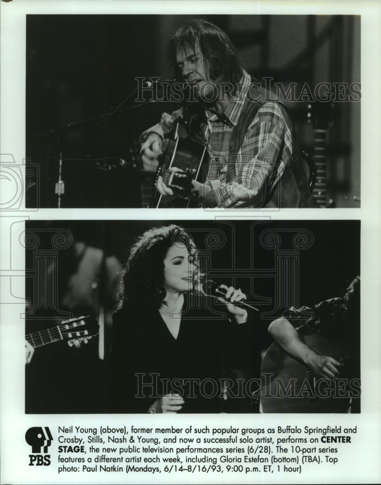 1993 Press Photo Neil Young and Gloria Estefan perform on Center Stage on PBS - Historic Images