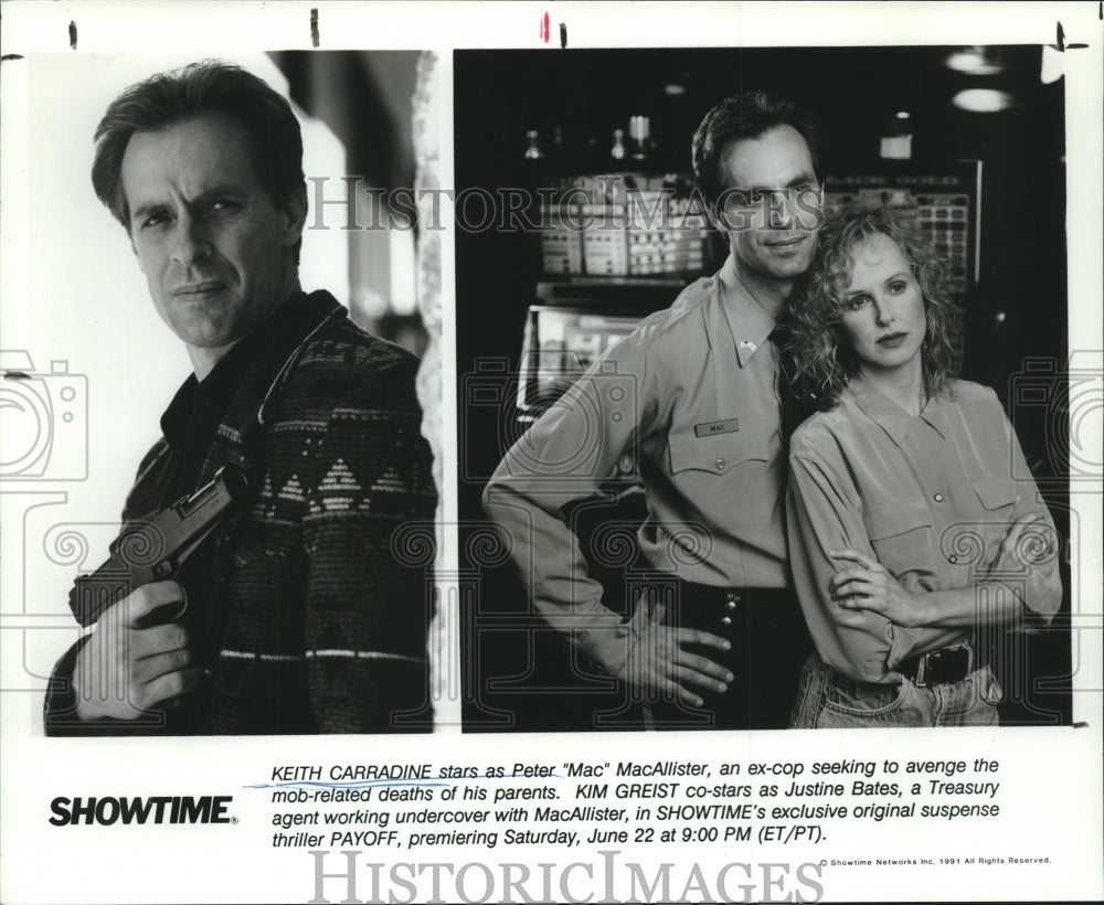 1991 Press Photo Keith Carradine &amp; Kim Greist star in Showtime movie Payoff - Historic Images