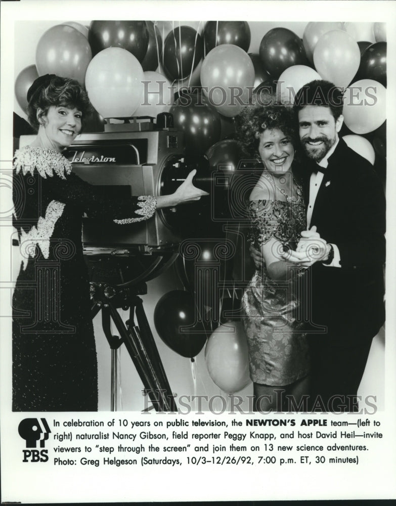 1992 Press Photo Nancy Gibson, Peggy Knapp, &amp; David Heil on PBS&#39; Newton&#39;s Apple - Historic Images