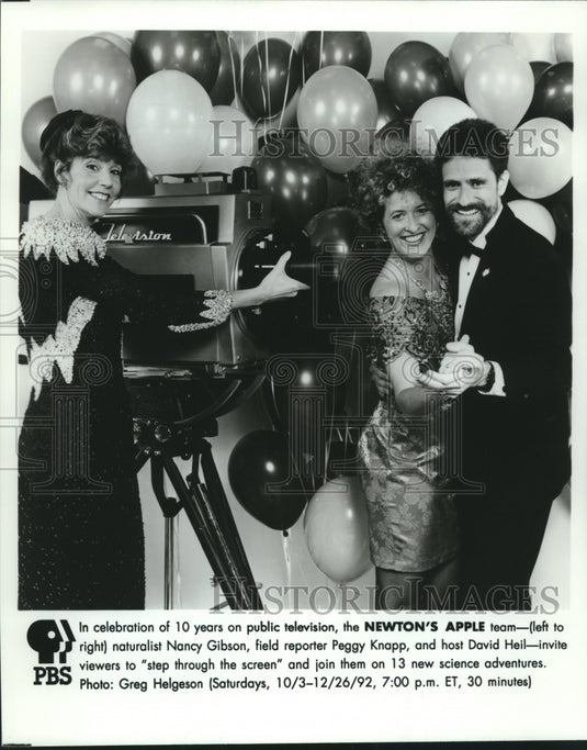1992 Press Photo Nancy Gibson, Peggy Knapp, & David Heil on PBS' Newton's Apple - Historic Images