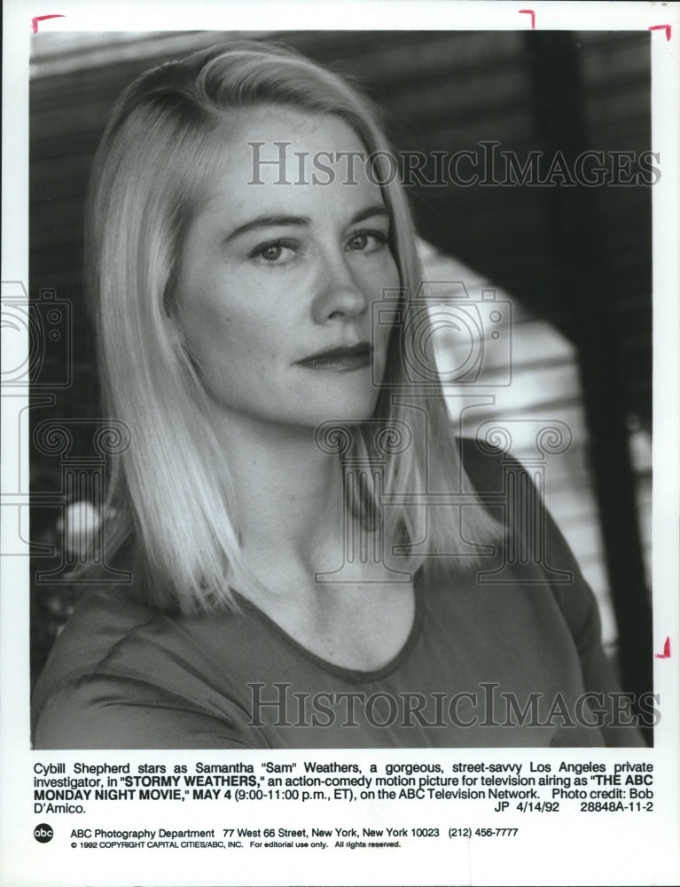 1992 Press Photo Cybil Shepherd as Samantha Weather in "Stormy Weathers" on ABC - Historic Images
