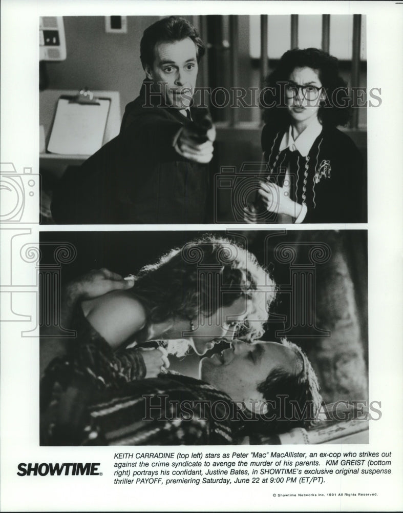 1991 Press Photo Keith Carradine &amp; Kim Greist star in &quot;Payoff&quot; on Showtime - Historic Images