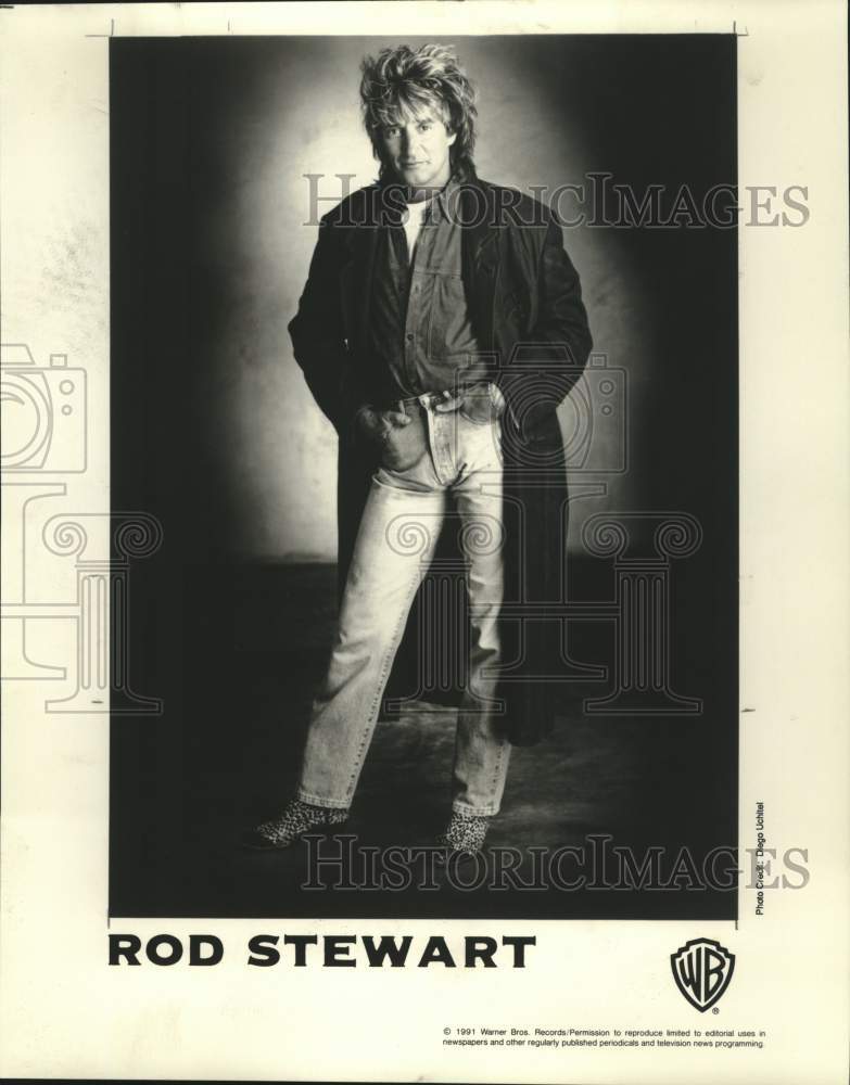 1991 Press Photo Warner Bros. recording artist Rod Stewart - tup04264- Historic Images
