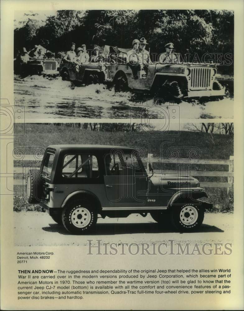 1977 Press Photo World War II era Jeeps and modern Jeep CJ-7 model - Historic Images