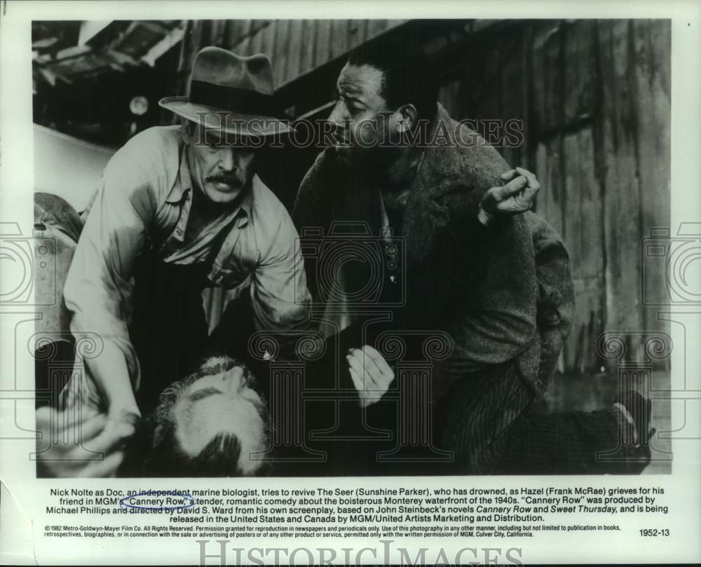 1982 Press Photo Nick Nolte, Sunshine Parker & Frank McRae in "Cannery Row" - Historic Images