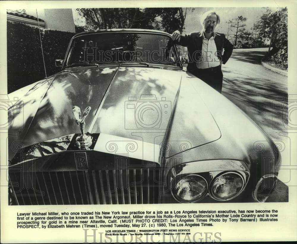 1980 Press Photo Attorney Michael Miller with his Rolls Royce in California - Historic Images