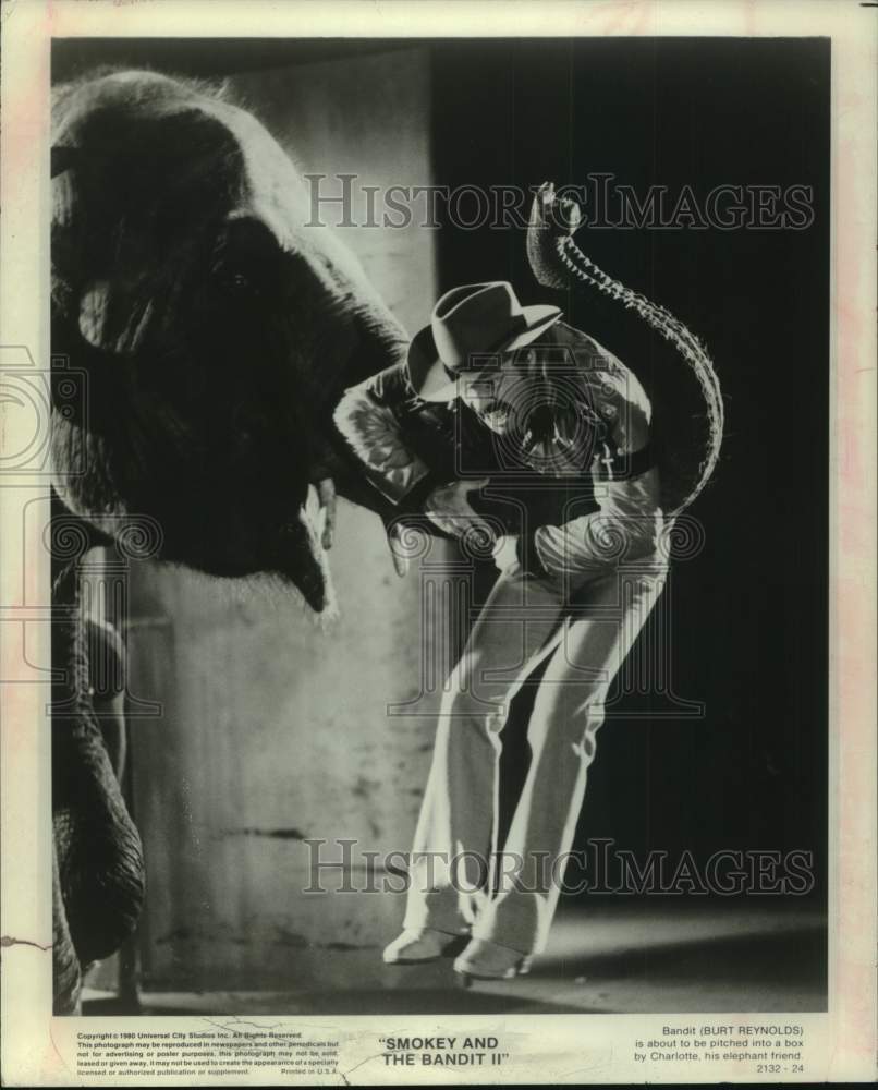 1980 Press Photo Burt Reynolds with elephant in &quot;Smokey and The Bandit II&quot; - Historic Images