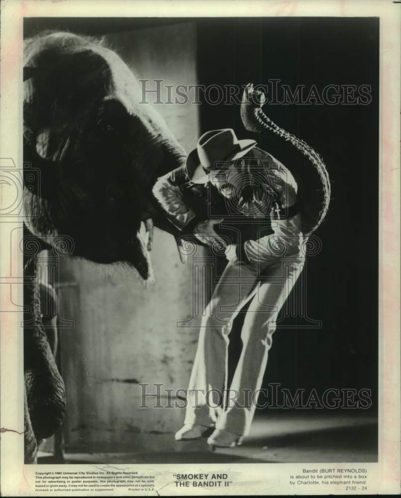 1980 Press Photo Burt Reynolds with elephant in "Smokey and The Bandit II" - Historic Images
