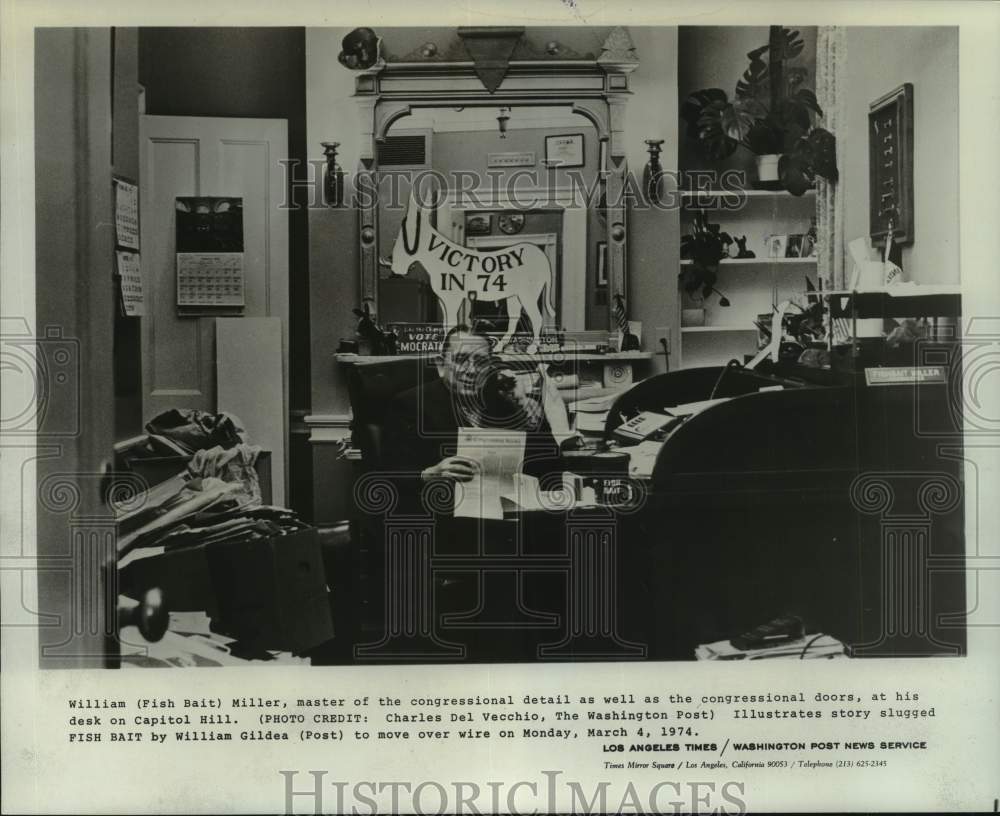 1974 Press Photo William (Fish Bait) Miller at his desk on Capitol Hill - Historic Images