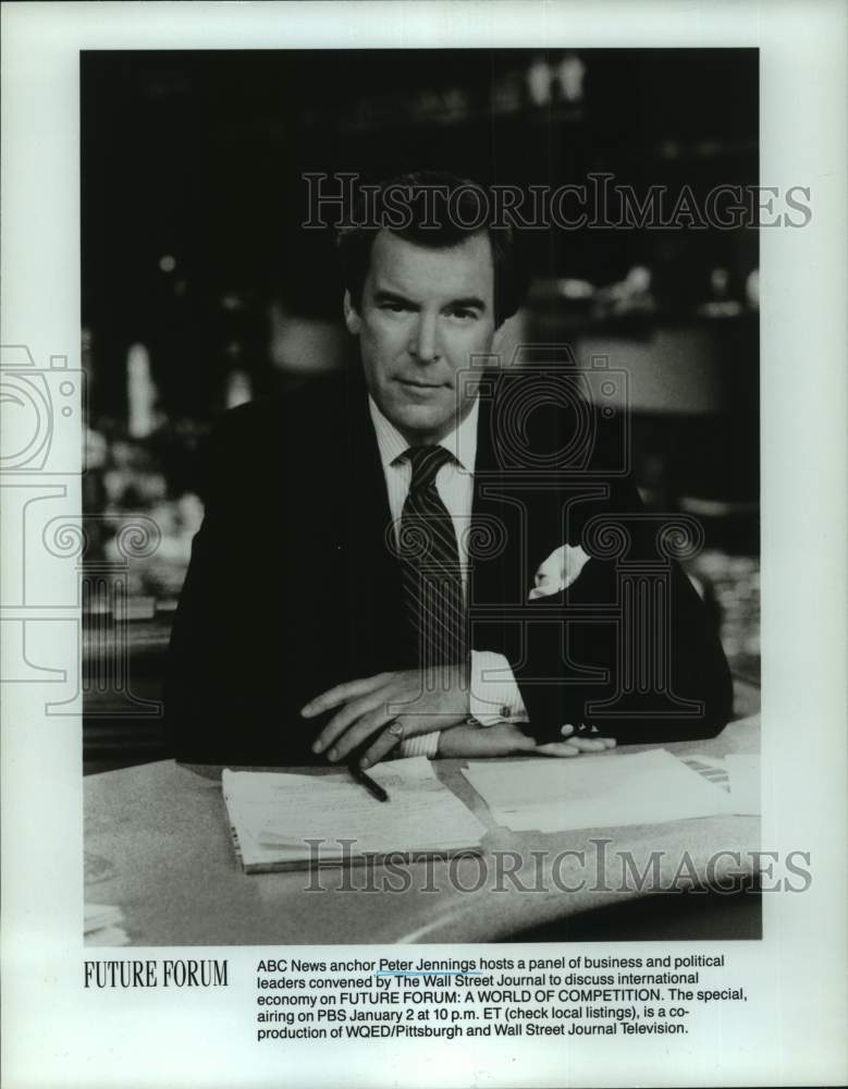 1990 Press Photo ABC News Correspondent Peter Jennings hosts Future Forum on PBS - Historic Images