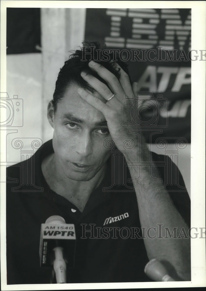 Tennis player Ivan Lendl speaks to reporters after his loss at OTB - Historic Images