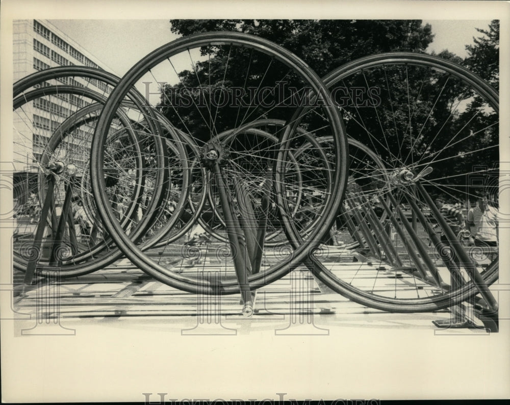 Press Photo Bicycle wheels placed for pit stop during Albany, New York road race- Historic Images