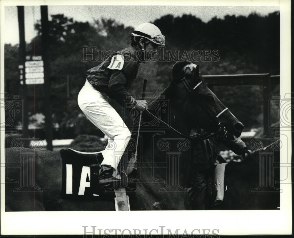 1987 Press Photo Walter Guerra rides horse at Saratoga Raceway in New York - Historic Images